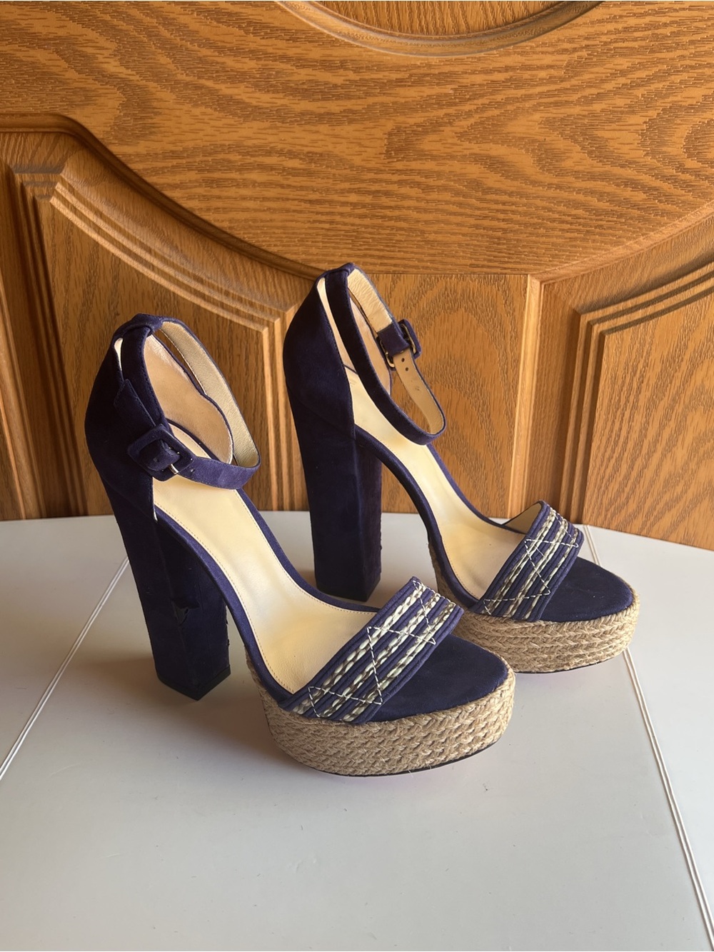 Alexandre Birman Alice Cobra Platform Sandals Navy Suede Espadrille Block Heel